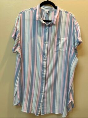 Jasmine & Ginger Pastel Blue and Pink Striped Short-Sleeve Pajama Lounge Shirt